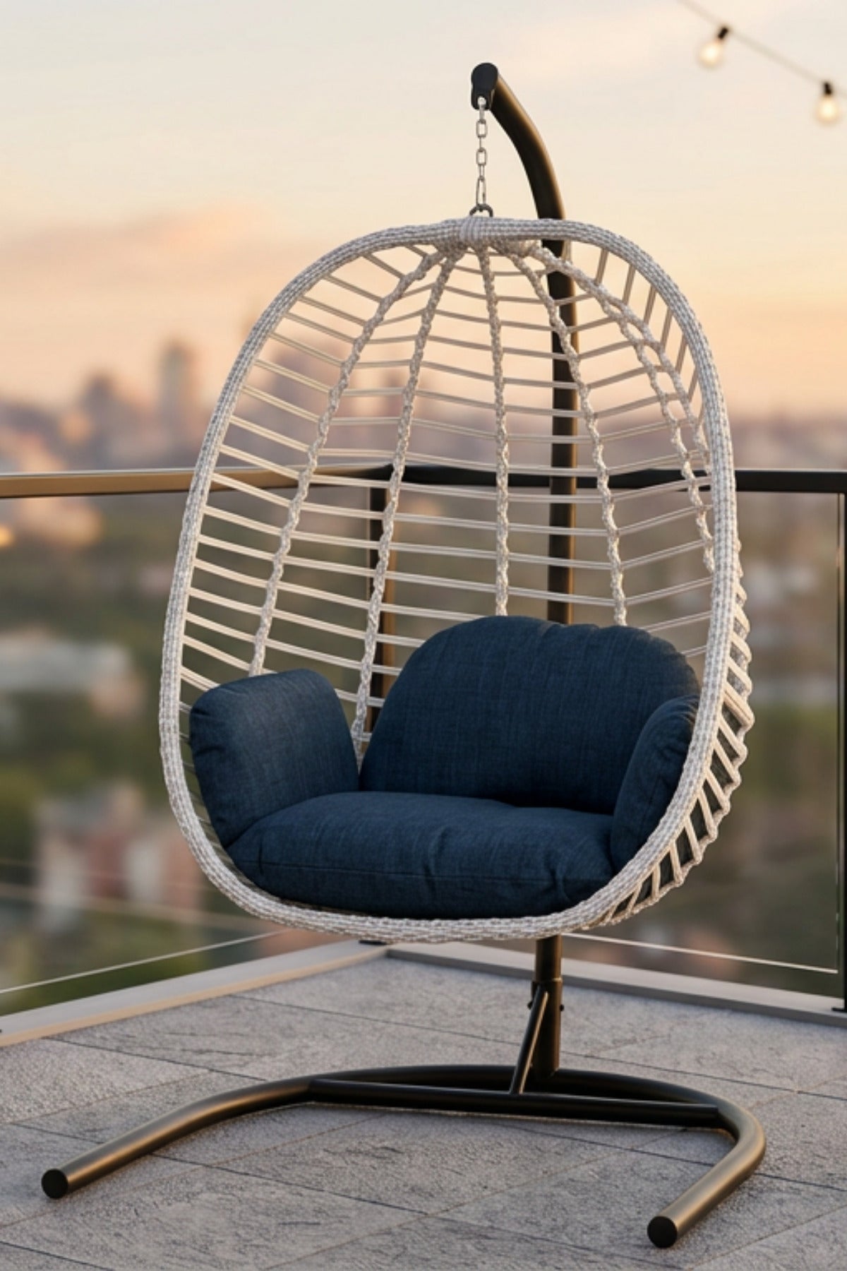 Capri Rattan Tek Kişilik Bahçe Balkon Salıncağı - Armut Salıncak 2mm Profil Su İtici Keten Minderli