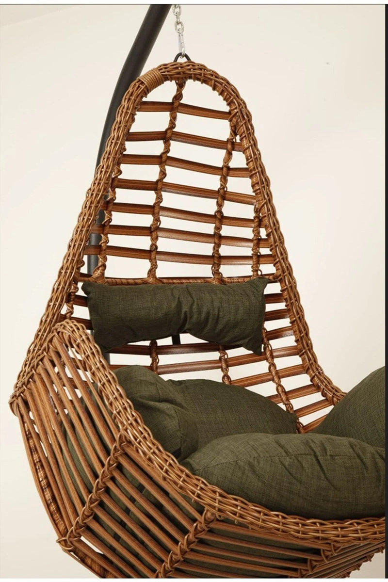 Sardinya Yeşil Rattan Tek Kişilik Bahçe Balkon Salıncağı Armut 120 Kg