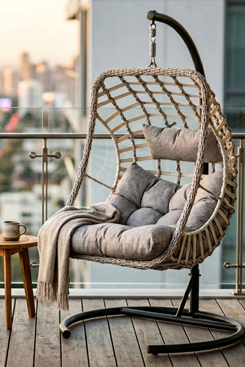 Pisa Tek Kişilik Egg Salıncak Bahçe Balkon Ayaklı Yastıklı Rattan