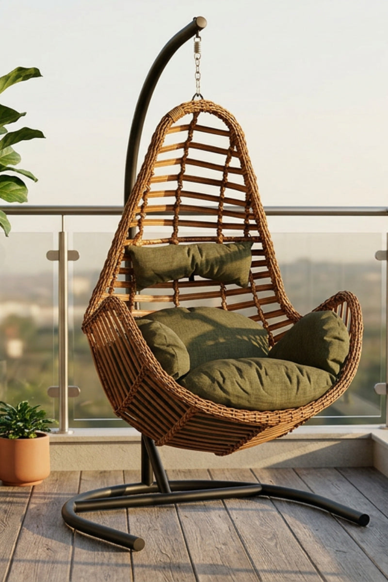 Sardinya Yeşil Rattan Tek Kişilik Bahçe Balkon Salıncağı Armut 120 Kg