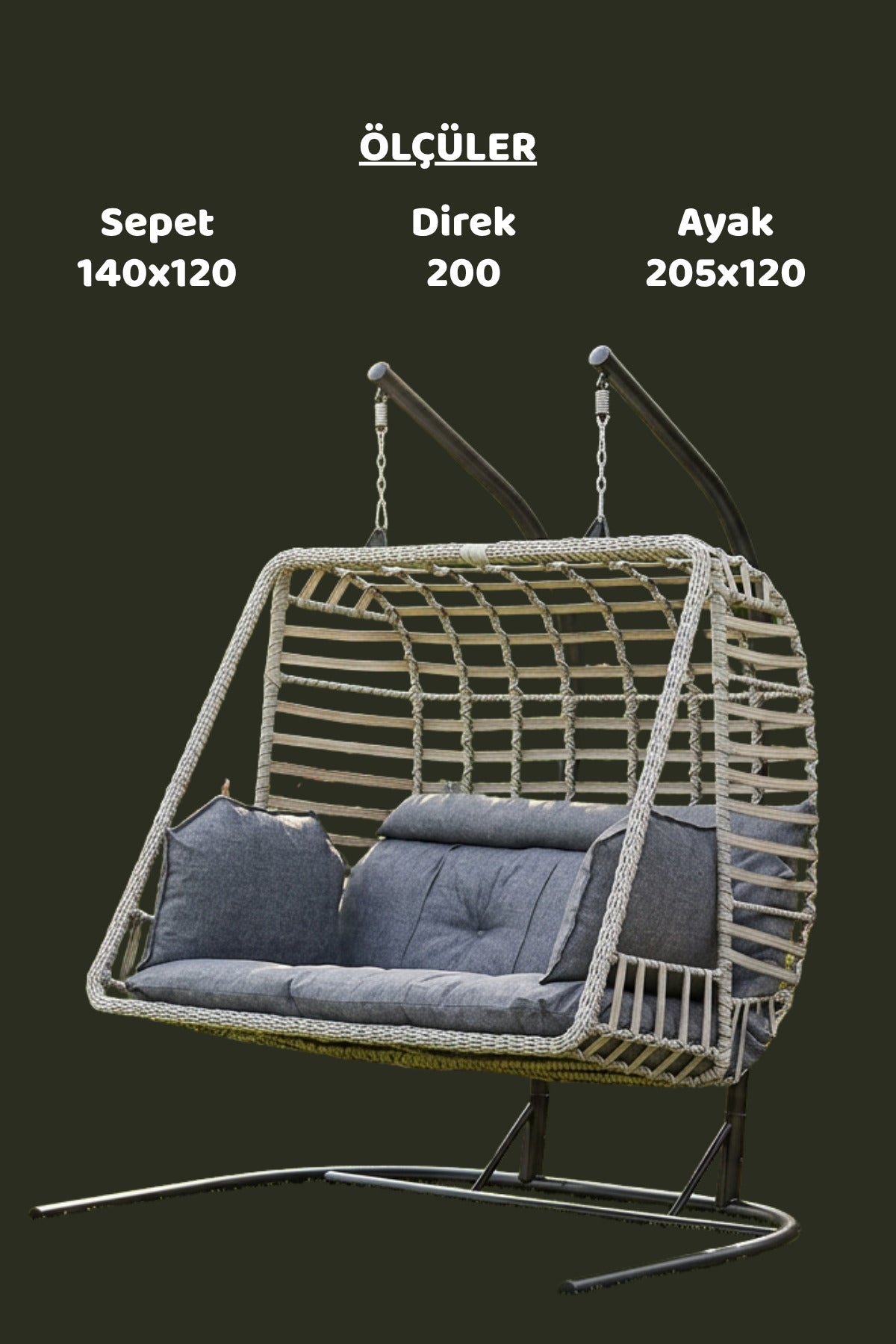 Salina Çift Kişilik Bahçe Salıncağı Balkon Salıncağı Ayaklı Salıncak Gri Sentetik Rattan 200 cm