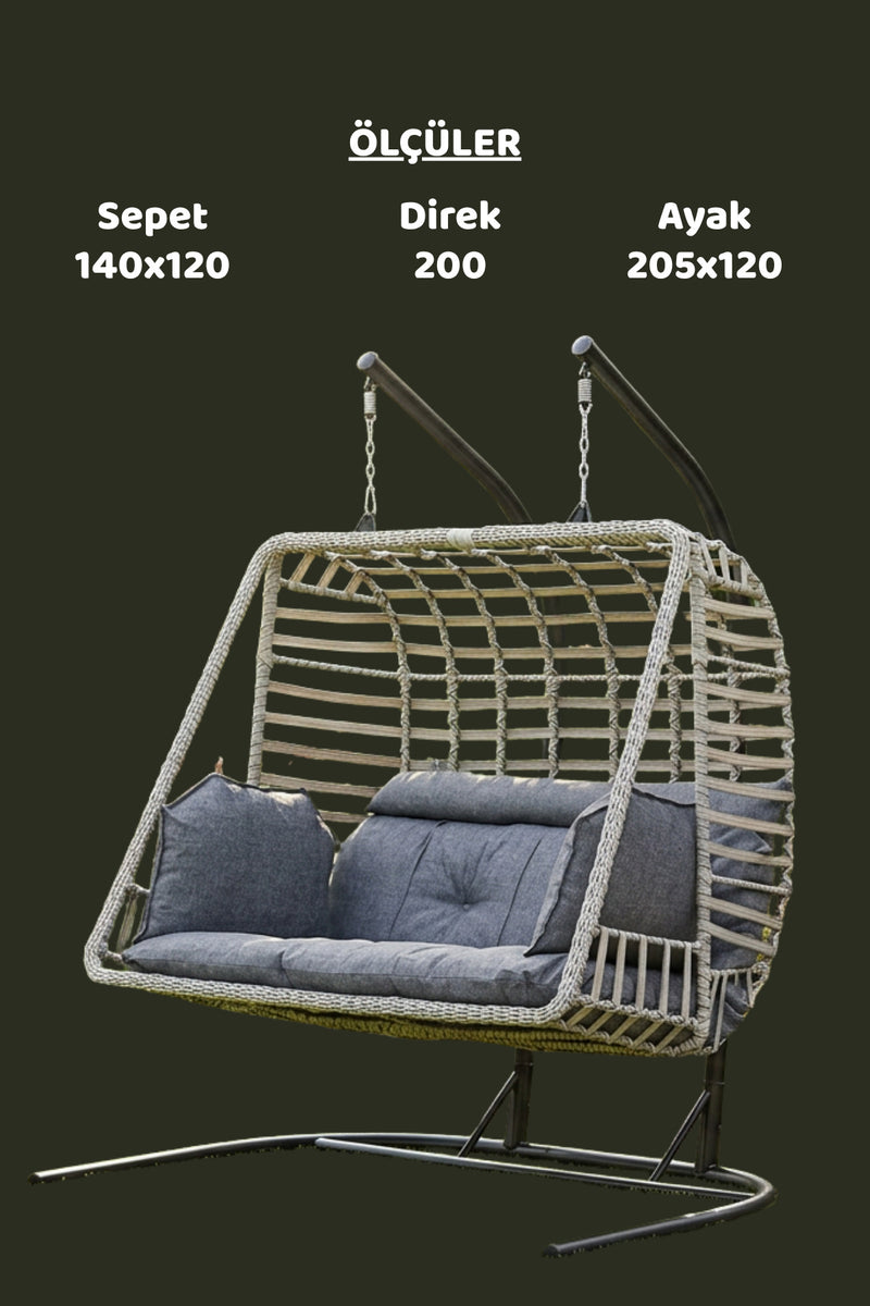 Salina Çift Kişilik Bahçe Salıncağı Balkon Salıncağı Ayaklı Salıncak Gri Sentetik Rattan 200 cm