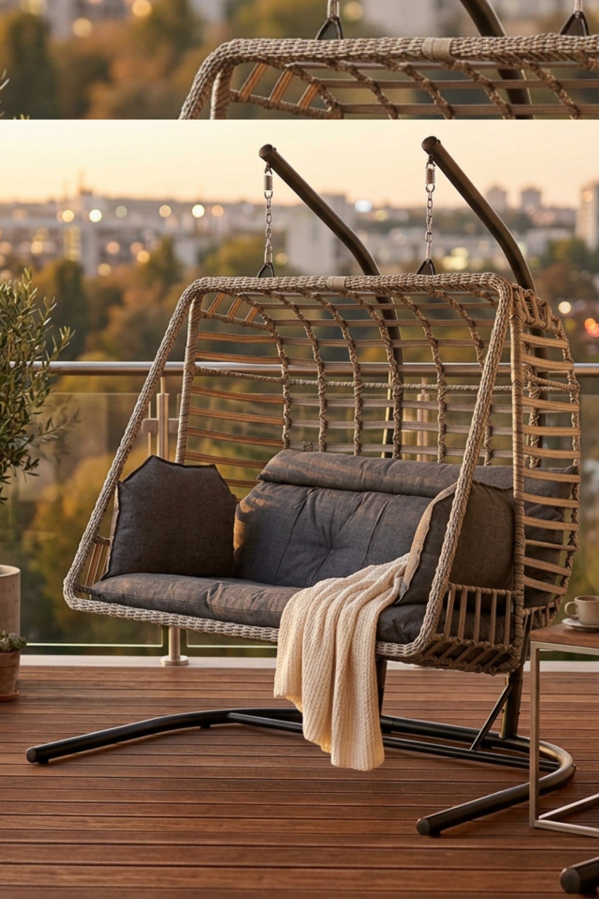 Salina Çift Kişilik Bahçe Salıncağı Balkon Salıncağı Ayaklı Salıncak Gri Sentetik Rattan 200 cm