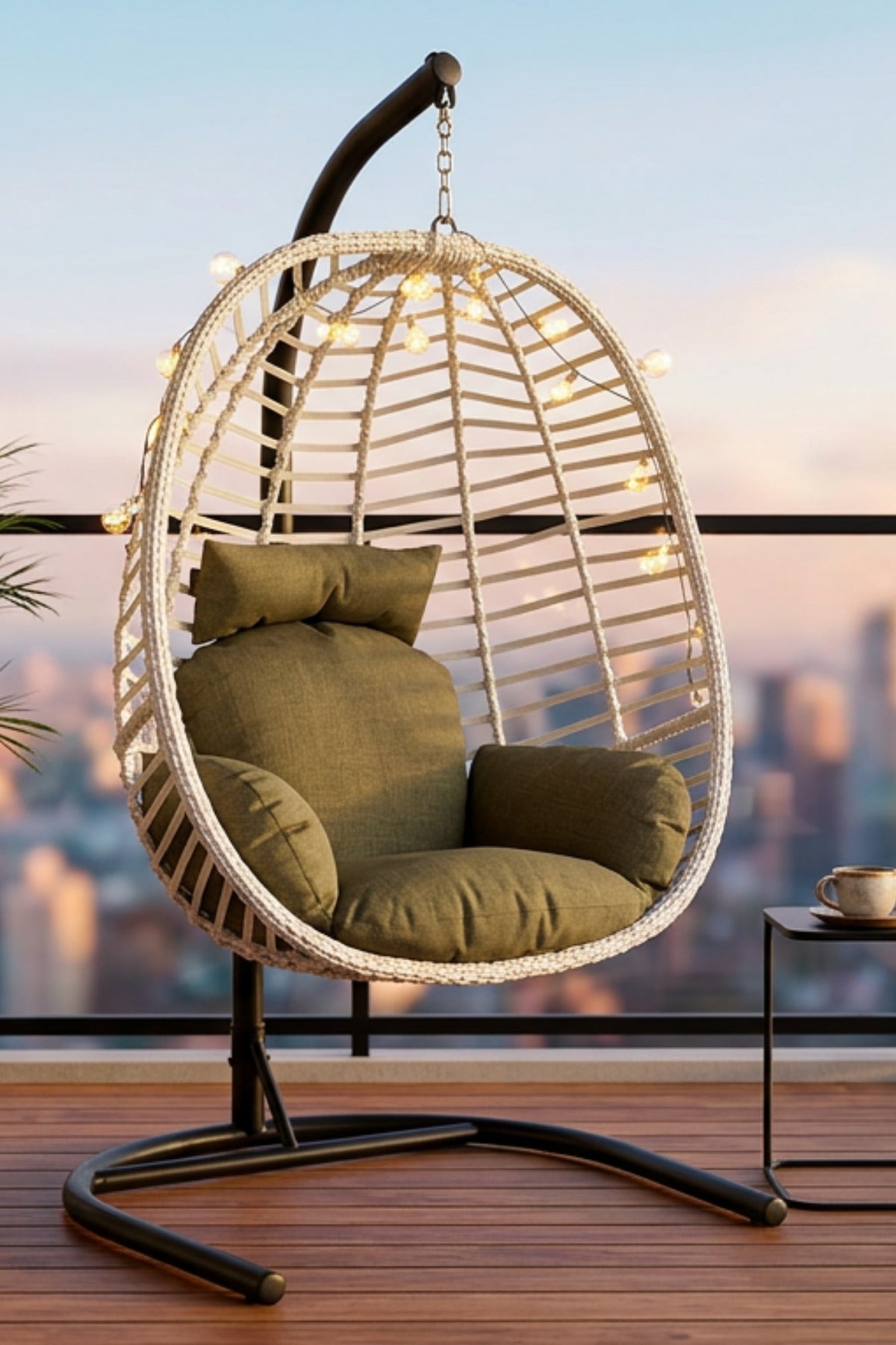 Capri Rattan Tek Kişilik Bahçe Balkon Salıncağı - Armut Salıncak 2mm Profil Su İtici Keten Minderli
