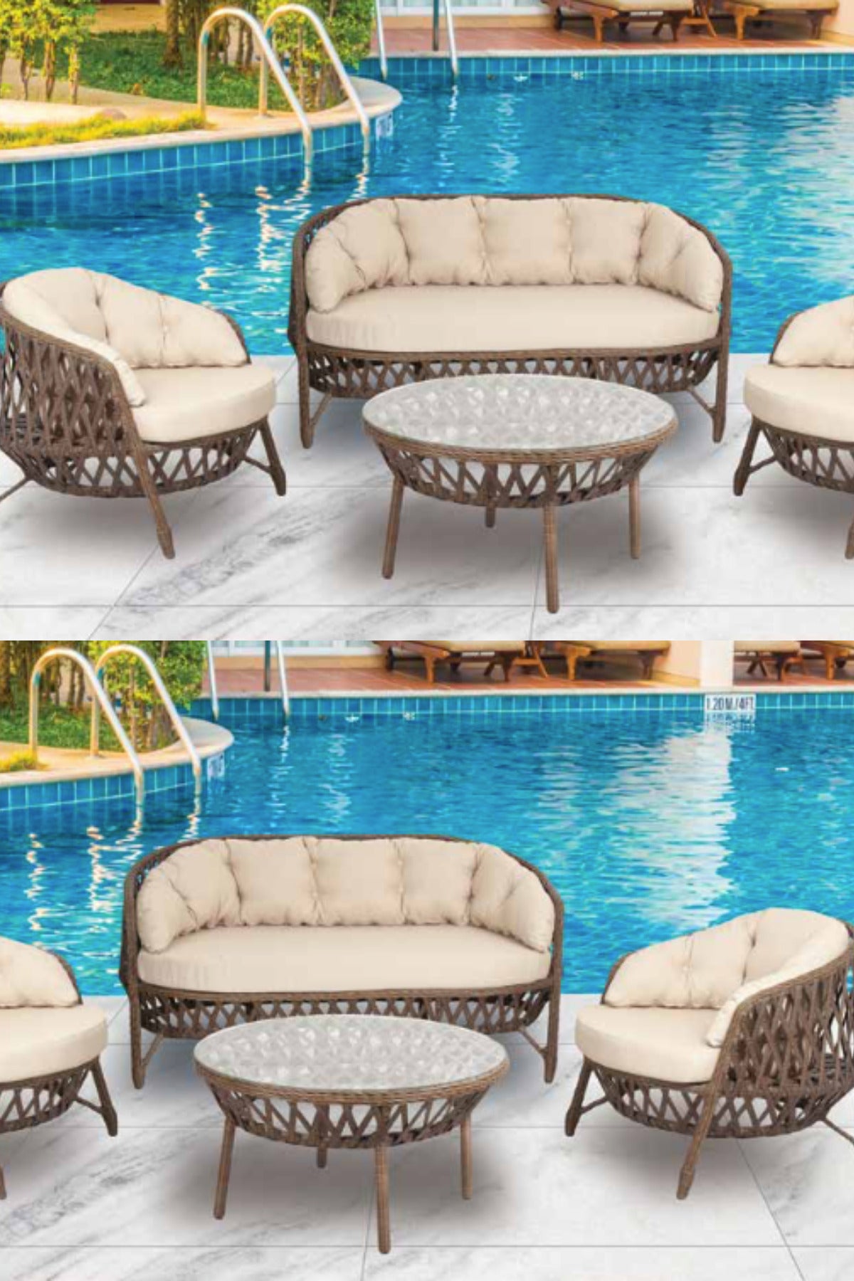 Sicilya 3+1+1 Rattan Örgü Bahçe Mobilyası Yuvarlak Cam Masa