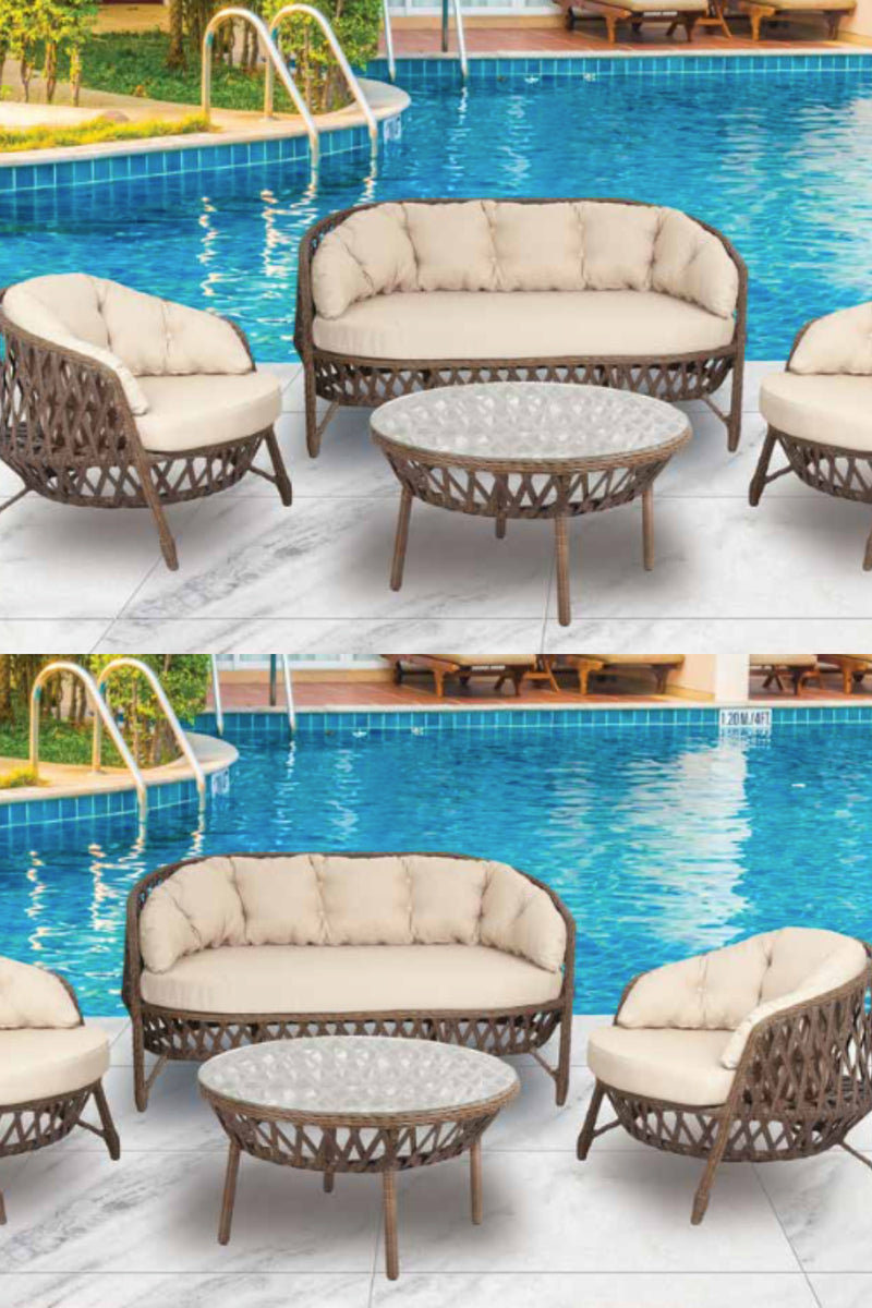 Sicilya 3+1+1 Rattan Örgü Bahçe Mobilyası Yuvarlak Cam Masa